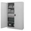 A gray metal filing cabinet with its left door open, revealing shelves filled with folders, boxes, and other office supplies. Voir les images du produit