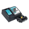 A black Makita battery charger with a turquoise insert and a black Makita battery pack are shown against a white background. Produktbild-Vorschau