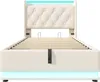 A white upholstered bed frame with a tufted headboard and LED lighting. Náhled obrázku produktu
