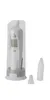 A white digital ear thermometer in a clear plastic stand, with a stack of disposable probe covers and a single probe cover next to it, all set against a white background. Produktbild-Vorschau