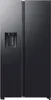 A front view of a black side-by-side refrigerator with a water dispenser. Produktbild-Vorschau