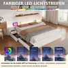 A bedroom scene featuring a white bed with LED lighting and storage drawers, with app interface examples shown below. Produktbild-Vorschau