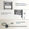 Collage of images showing a heated towel rack and its components, with descriptive text. Produktbild-Vorschau