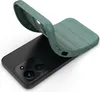 A green phone case is being placed onto a black smartphone. Produktbild-Vorschau