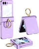 A collage of three images showing a purple flip phone case with a gold ring stand from different angles. Produktbild-Vorschau