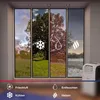 A portable air conditioner is shown in front of a window displaying four different seasons, with icons representing different functions. Produktbild-Vorschau