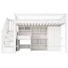 A white loft bed with integrated storage, desk, and wardrobe, shown from the front against a white background. Náhled obrázku produktu