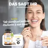 A woman is smiling and holding a vitamin capsule and a glass of water, with a product bottle and customer reviews displayed. Produktbild-Vorschau