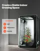 A grow tent with a tomato plant inside, set against a neutral background with overlaid text highlighting features. Produktbild-Vorschau