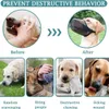 Collage showing a dog before and after wearing a muzzle, with examples of destructive behaviors. Produktbild-Vorschau