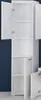 A tall, narrow white cabinet with its doors open, revealing empty shelves, against a dark blue background. Produktbild-Vorschau