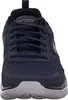 A close-up front view of a navy blue Skechers athletic shoe. Voir les images du produit