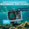 An action camera in a waterproof case submerged underwater, with water splashing around it. Produktbild-Vorschau
