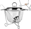 A glass chafing dish with a metal lid and ladle, set on a metal stand with a small candle underneath. Produktbild-Vorschau