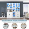 A modern white display cabinet with blue LED lighting, shown in a room setting with decorative items and a sofa visible in the background. The image also includes circular graphics illustrating different room settings. Podgląd zdjęcia produktu