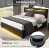 A black upholstered bed with LED lighting and a close-up of a wireless charging pad. Náhľad obrázku produktu