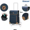 A collage of images showcasing a blue shopping trolley with brown accents, including close-ups of its features and dimensions. Podgląd zdjęcia produktu
