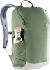 A close-up view of a green backpack with a water bottle in a side pocket. Produktbild-Vorschau