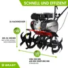 A garden tiller with various features highlighted by text and icons. Produktbild-Vorschau