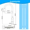 A technical drawing of a kitchen faucet with dimensions and a diagram of connecting hoses. Produktbild-Vorschau
