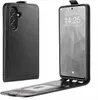 A black flip case for a Samsung Galaxy A55 5G is shown open, with the phone inside and the case flap extended. Produktbild-Vorschau