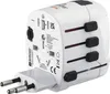 A white universal travel adapter with multiple plug types and a USB port. Náhled obrázku produktu
