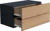 A black and wood-tone nightstand with two open drawers, shown from a slightly elevated front-side angle against a white background. Podgląd zdjęcia produktu