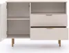 A kommode with one door open and two drawers partially open, showing the interior shelves and drawers. Produktbild-Vorschau