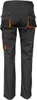 The back view of a pair of dark gray work pants with orange accents. Produktbild-Vorschau