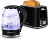 A black electric kettle with blue light and a black toaster with toast are shown side-by-side on a white background. Produktbild-Vorschau