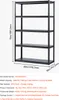 A black, five-tier shelving unit is shown against a white background with dimensions and specifications overlaid. Anteprima dell’immagine prodotto