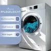 A washing machine with a turquoise blanket inside, next to a panel listing product features. Produktbild-Vorschau