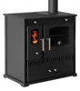 A black wood-burning stove with a glass door showing flames and a stovetop. Anteprima dell’immagine prodotto