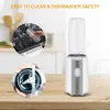 A collage of images showing a mini blender, its parts, and how it can be cleaned. Produktbild-Vorschau