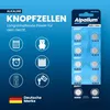 A product shot of Alpalium AG13 LR44 button cell batteries in their packaging, with accompanying marketing graphics. Produktbild-Vorschau