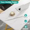 A white faux marble top dining table with gold legs, a laptop, and a coffee cup on it, with text overlays highlighting product features. Produktbild-Vorschau