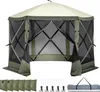 A pop-up gazebo tent with mesh walls and a cream-colored roof, shown from the front with its entrances open. Accessories like sandbags, stakes, and a carrying bag are displayed below.