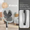 A close-up and detail shot of a black and silver stand fan, with text overlays highlighting its features. Produktbild-Vorschau