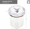 A glass jar with a lid featuring a deer illustration, with dimensions indicated. Voir les images du produit