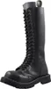A black leather boot with many laces and a steel toe.