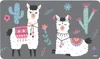 Two cartoon llamas are depicted on a gray background, surrounded by decorative elements like cacti, flowers, and swirls. Produktbild-Vorschau