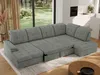 A large sectional sofa is shown in a modern living room setting, with large windows overlooking a garden.