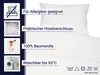 A white duvet cover and pillowcase are shown with text overlays highlighting product features. Produktbild-Vorschau