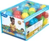 A clear plastic bag filled with colorful play balls, with a child pictured on the front. Produktbild-Vorschau