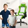 Two children are shown next to a gaming chair, with height markers indicating suitability for different heights. Náhľad obrázku produktu
