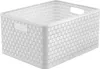 A white plastic storage basket with a woven texture and handles. Voir les images du produit