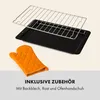 A baking tray, a wire rack, and an oven mitt are displayed on a light beige background, with text indicating included accessories. Produktbild-Vorschau