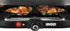 Nahaufnahme des Unold Raclette Gourmet Grills mit zwei kleinen Pfännchen, in denen Garnelen, Gemüse  Produktbild-Vorschau