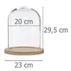 A glass dome with a wooden base, with dimensions indicated by measurement lines and text. Produktbild-Vorschau