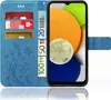A blue flip case for a Samsung Galaxy A03 phone, showing credit cards and euro banknotes inserted into the case. Produktbild-Vorschau